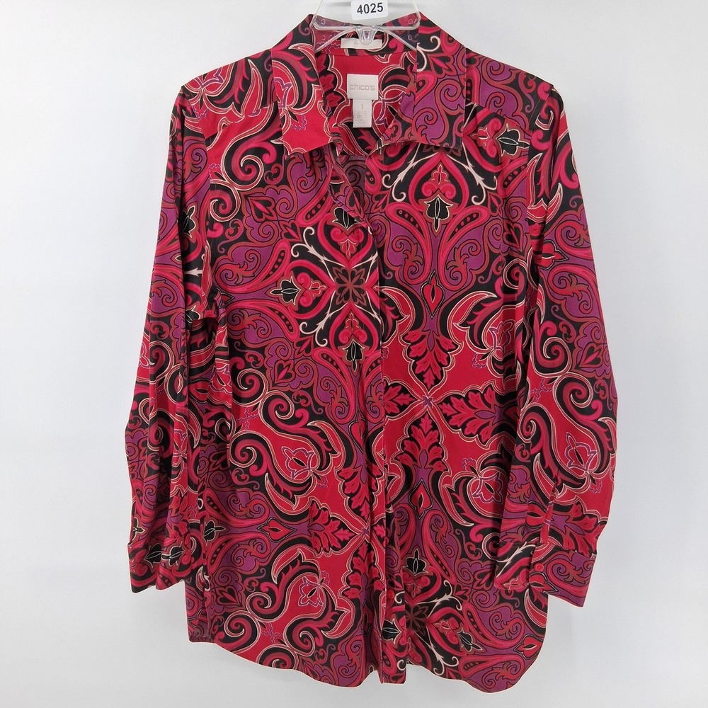 Chicos Shirt Womens 1 Red Paisley Button Up Long Sleeve Cotton Tunic Collared